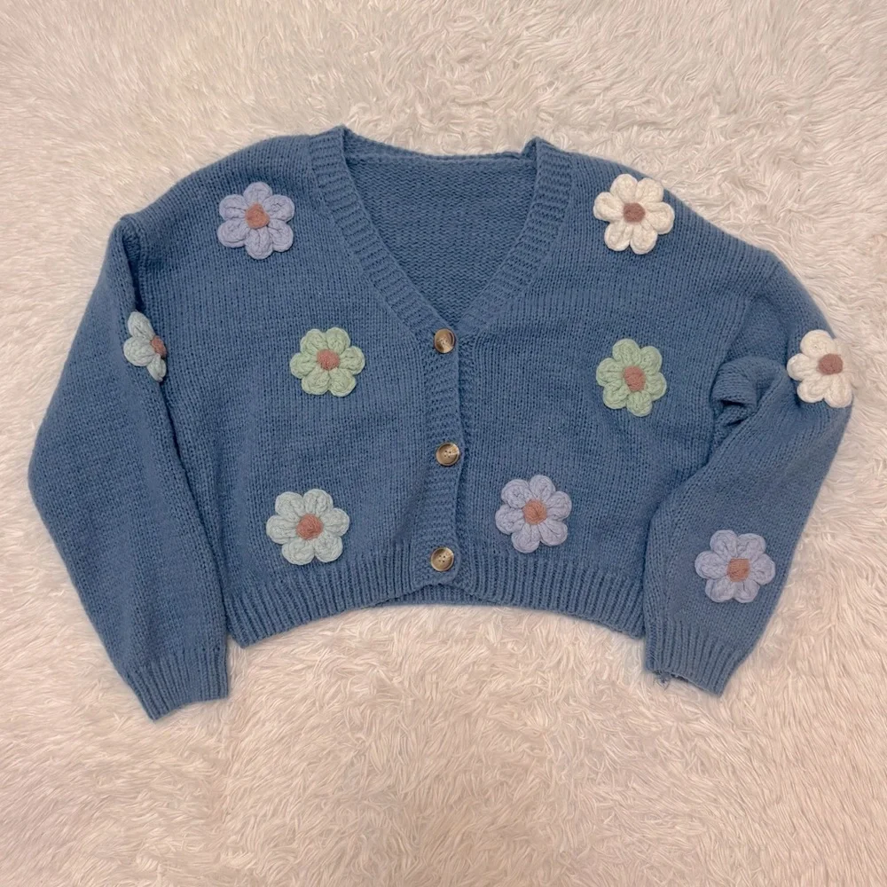 3D Flower Sweater Flower Cardigan Knit Sweater Blue Knit with Floral Details